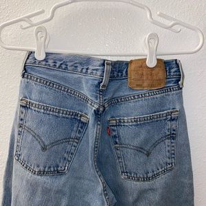 Levi’s 501 with embroidered flowers on bottom of pant leg W: 28 L: 32